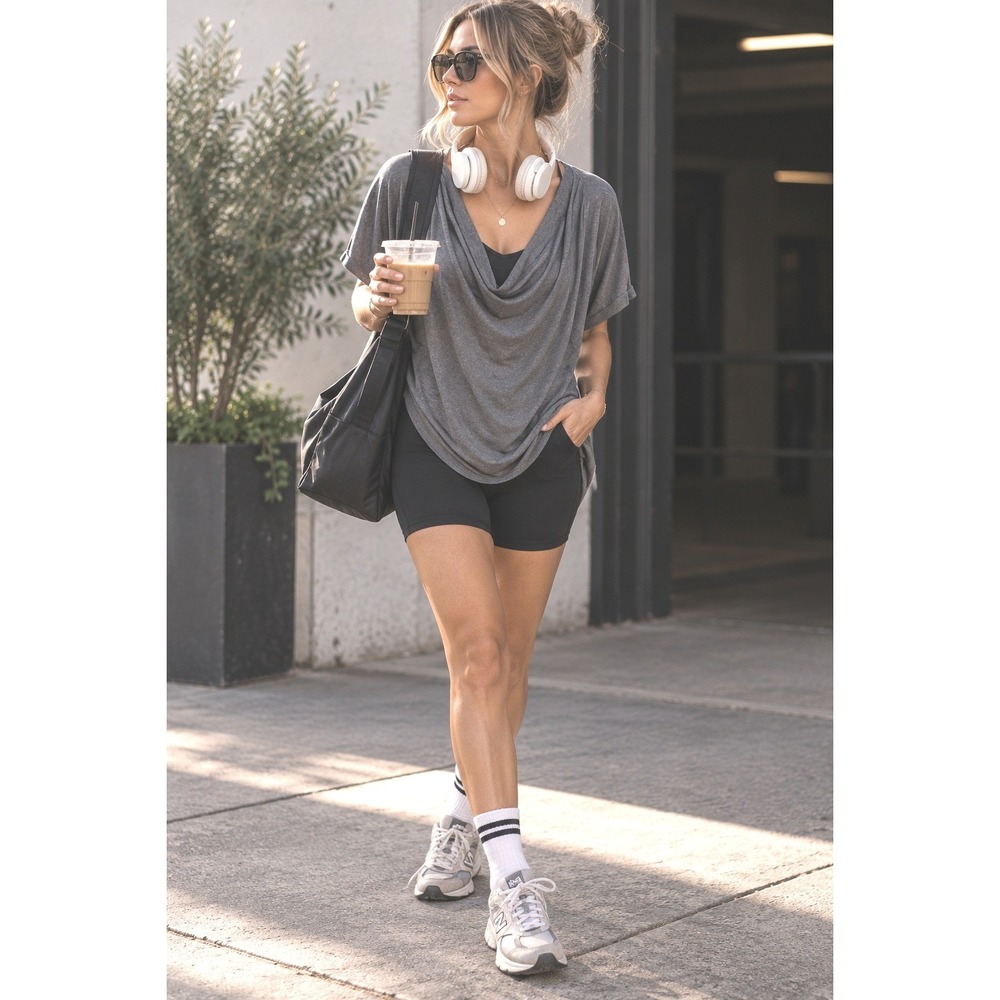 We The Free tee super soft cowlneck gray coverup workout cozy easy wear LG euc